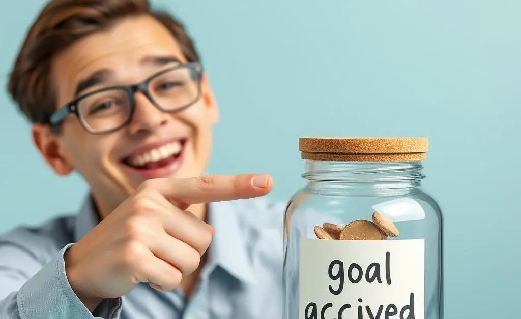 A cheerful person pointing at a savings jar marked with a 'goal achieved' label