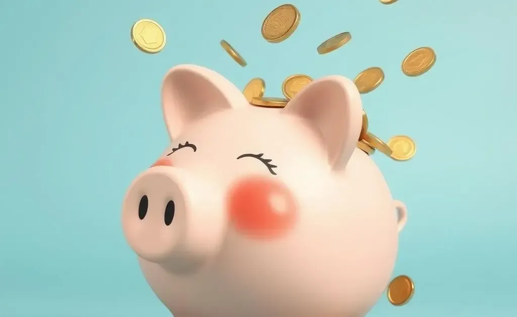 A smiling piggy bank filled with money