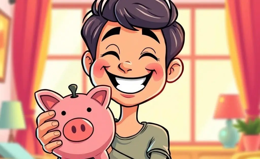 Person smiling while holding a piggy bank