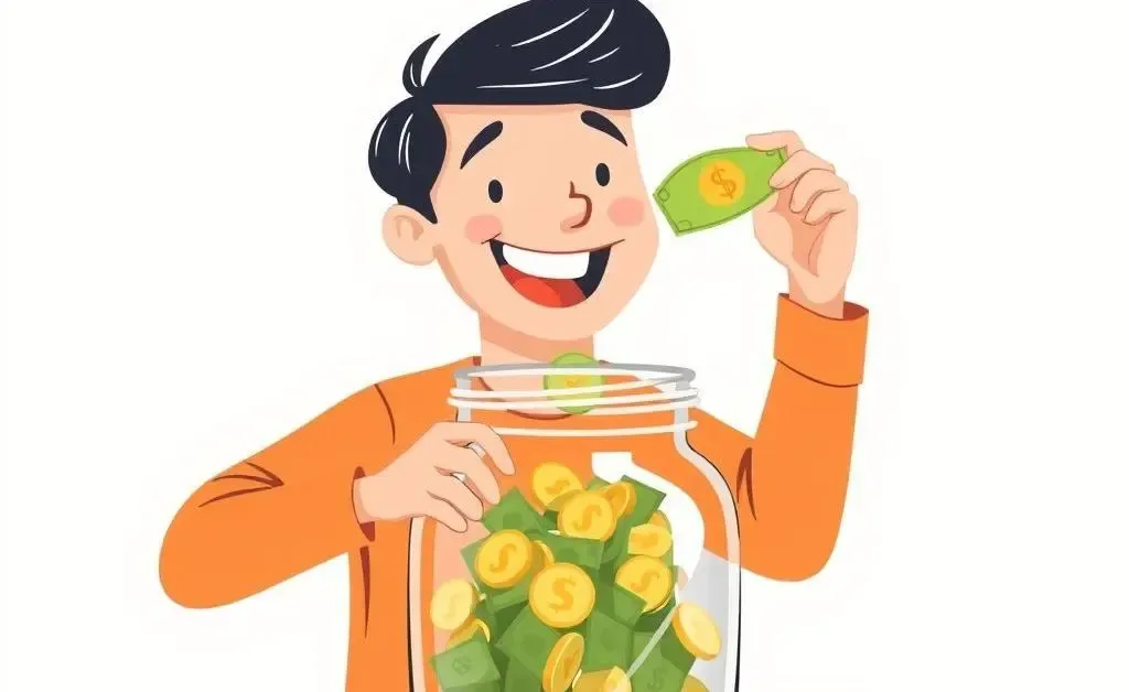 Illustration of a person happily putting money into a savings jar with coins scattered around.
