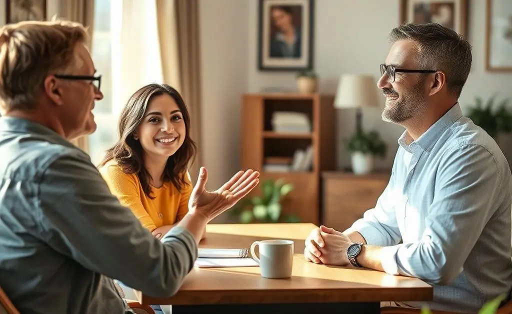 Friendly seller-buyer conversation at a desk