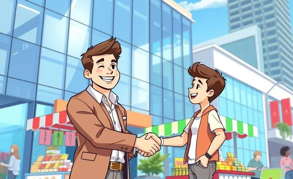 Illustration of a happy seller shaking hands with a buyer in front of a commercial building