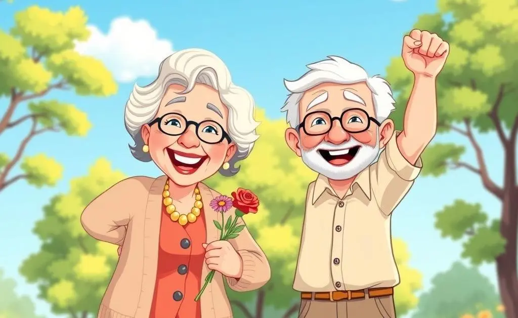 A cartoon-style image of a joyful elderly couple after getting health insurance
