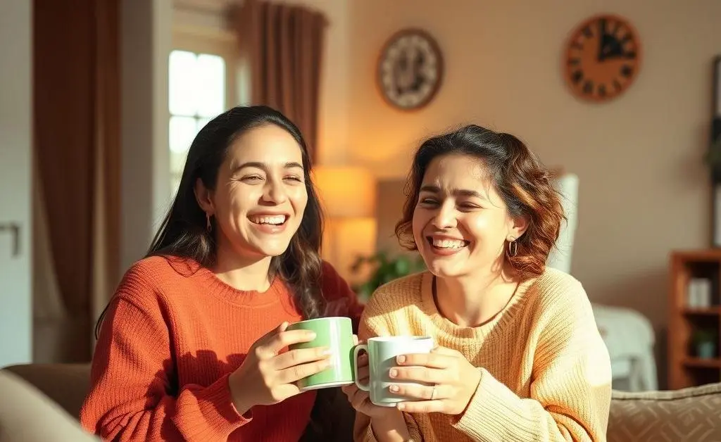 Two people happily sharing a coffee in a rented home
