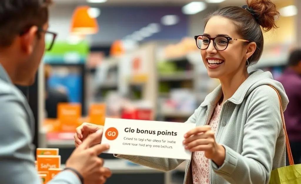 A cheerful shopper at checkout receiving bonus points notification