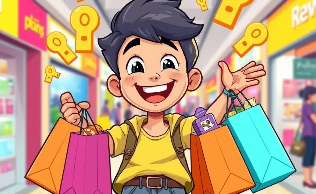 A cartoon-style image of a happy shopper with shopping bags and rewards points in the air.