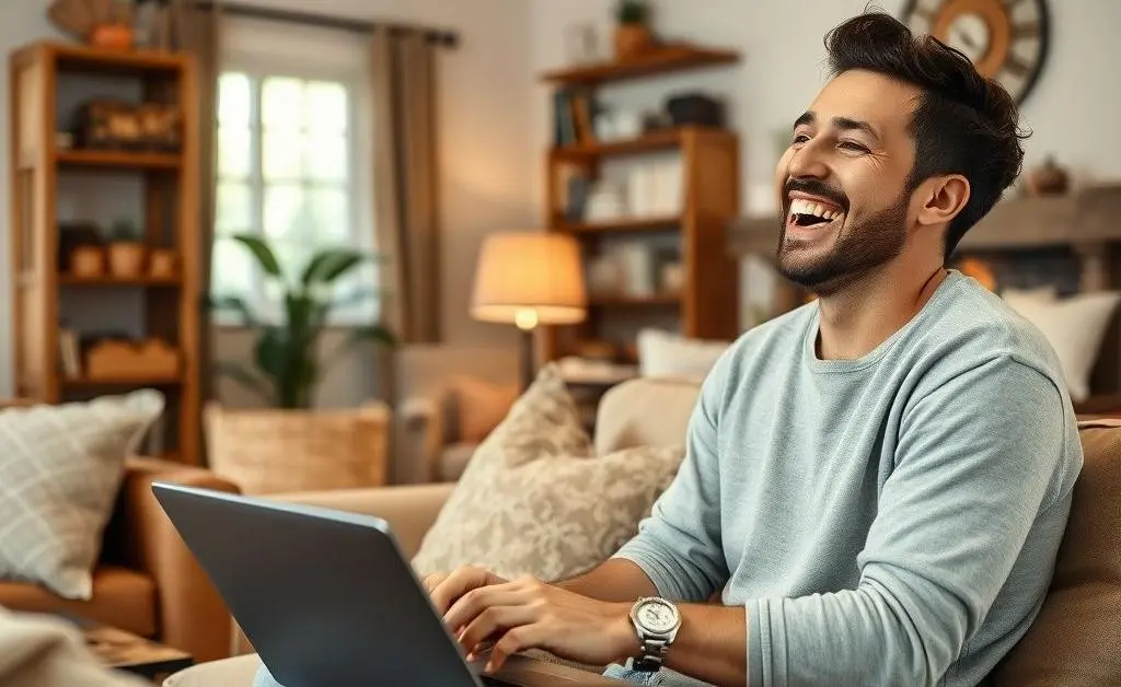 Person happily working on a laptop in a home setting