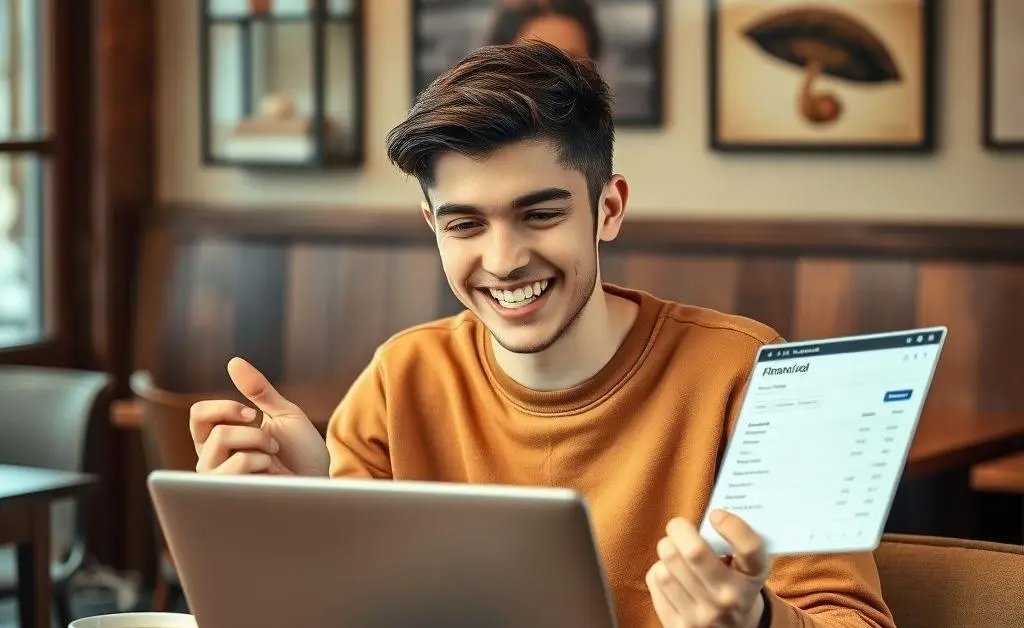 A young person smiling while managing their bank account on a laptop