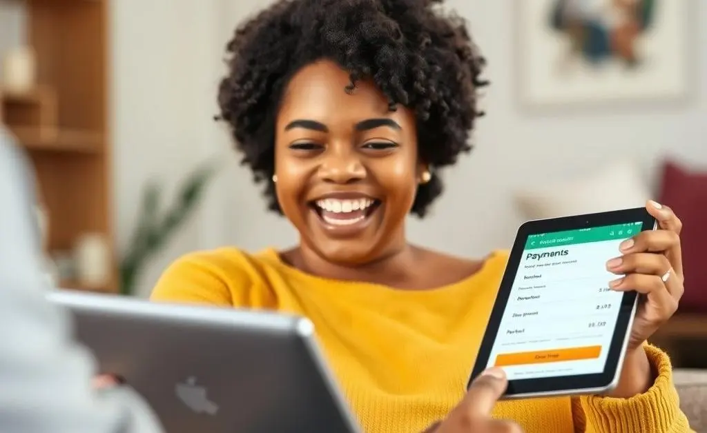 A joyful scene depicting a person successfully making a debt payment online using a tablet.