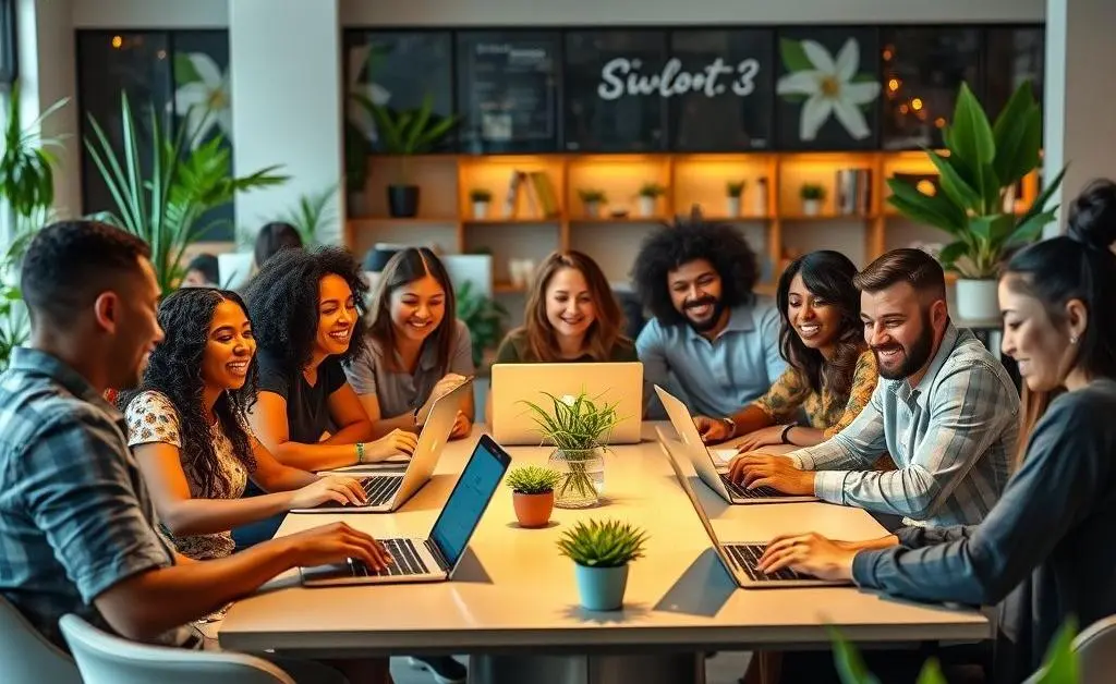 A diverse group of people celebrating around a table with laptops