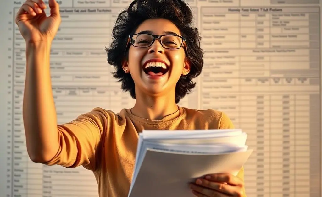 A person celebrating with paperwork in hand, with a background of a tax return form