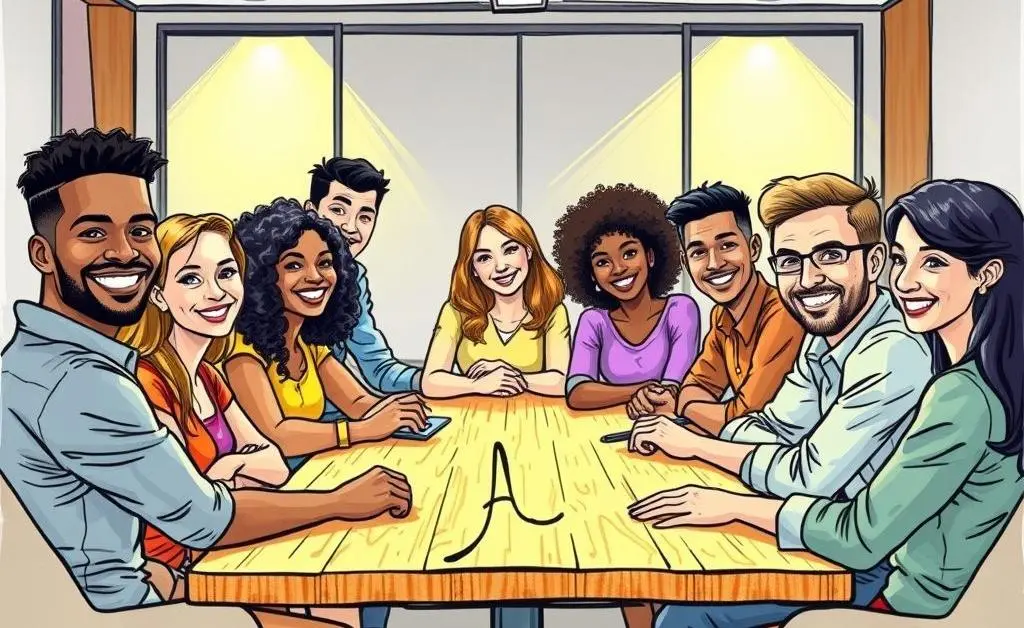 Hand-drawn style of a diverse team of people collaborating happily around a table.