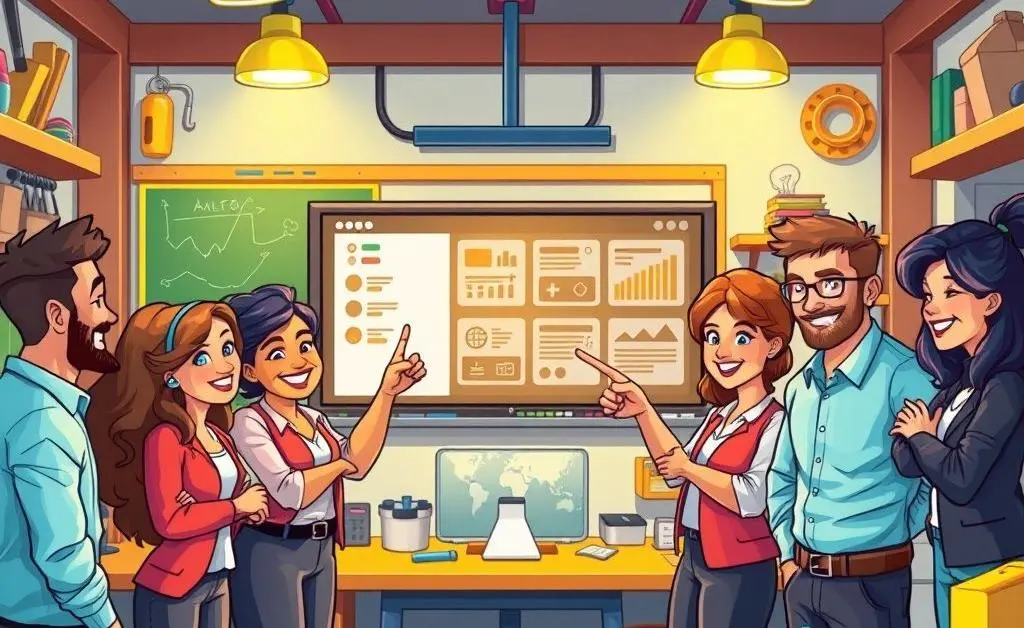 A workshop setting with a happy team