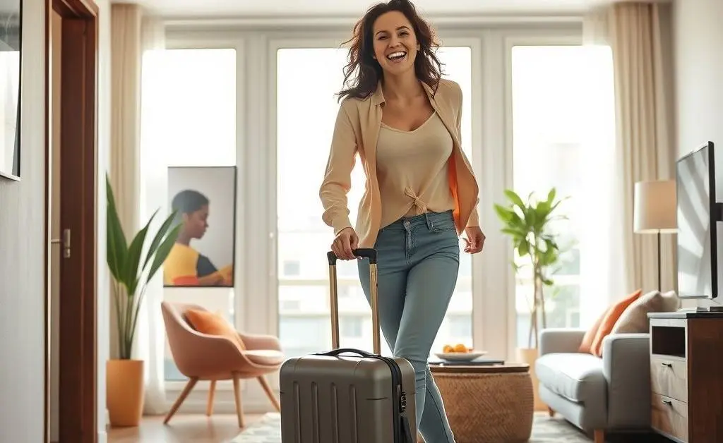 A person joyfully walking into their new apartment with a suitcase.