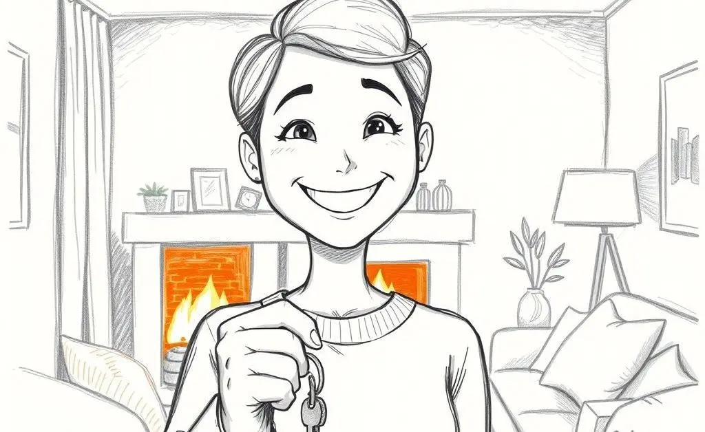 A tenant smiling while holding a key in a cozy living room.