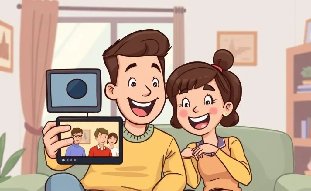 Happy tenant reviewing video footage with a friend