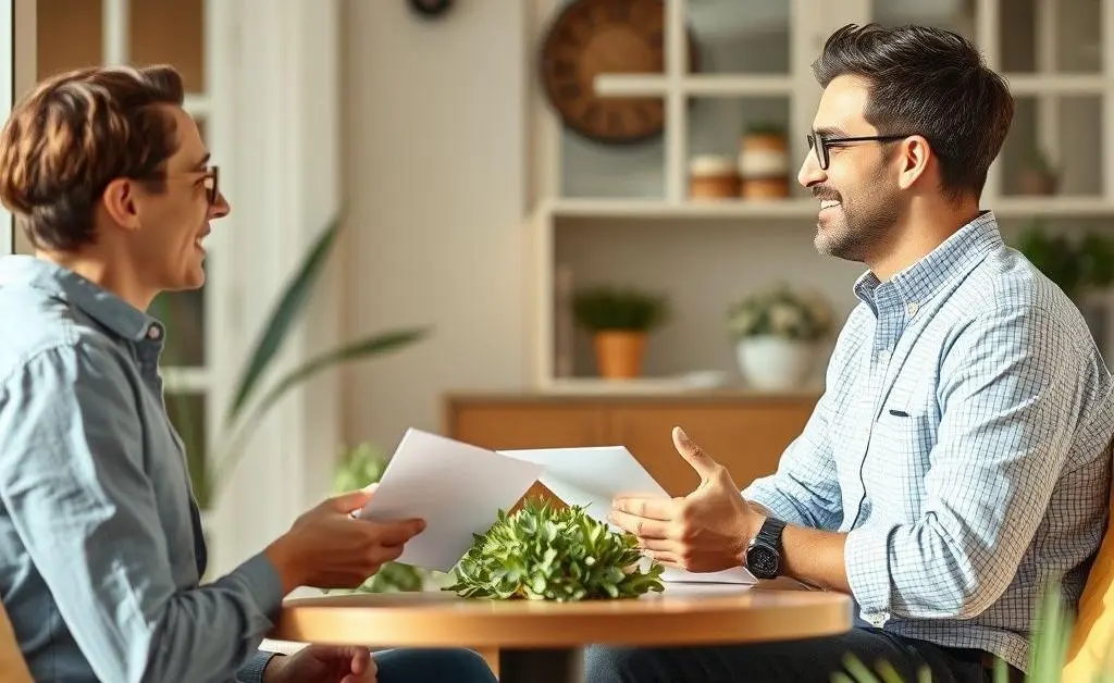 Two friends discussing their security deposit in a pleasant setting