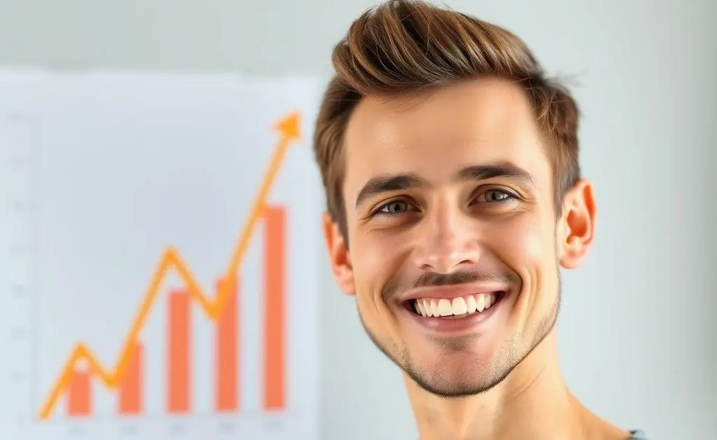 A person looking happily at their screen, with upward-trending stock charts in the background