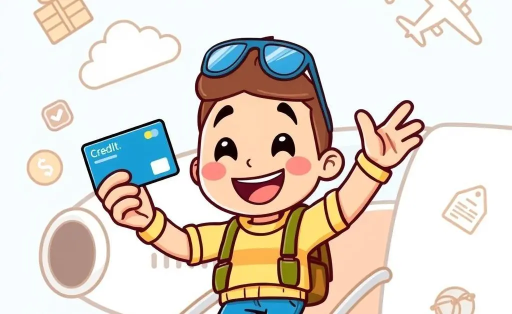A joyful character boarding a plane with travel rewards