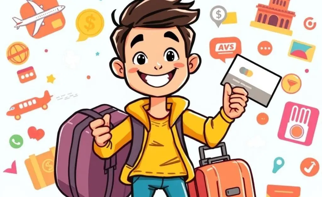 Cartoon image of a happy traveler with a suitcase