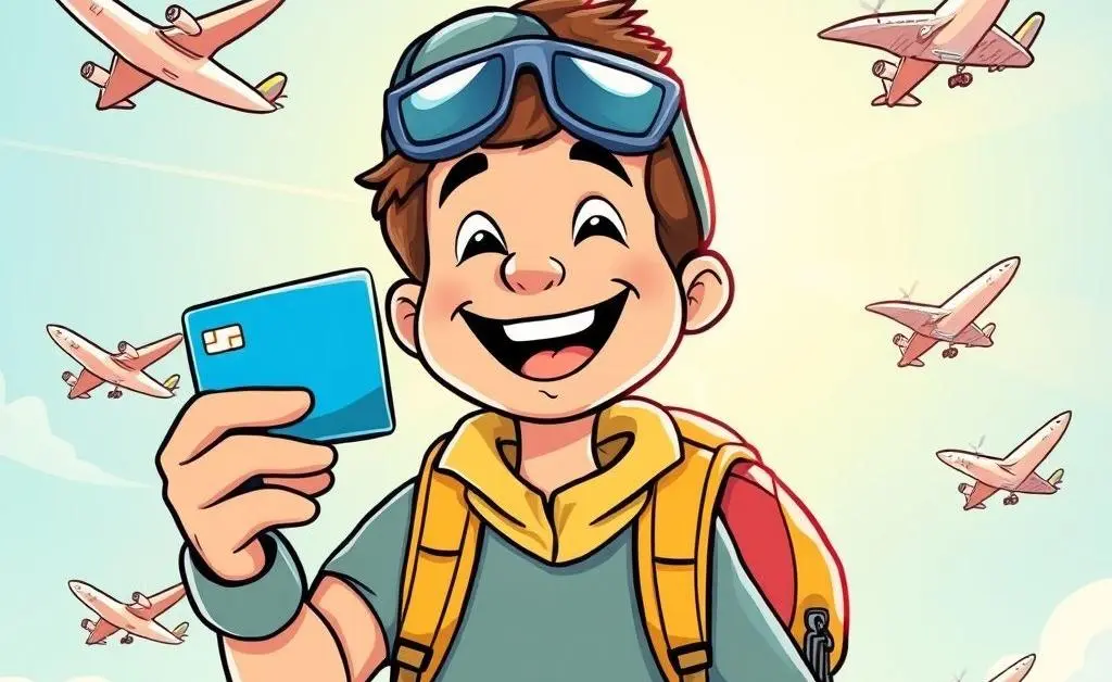A cheerful cartoon traveler holding a credit card with airplanes flying around them.