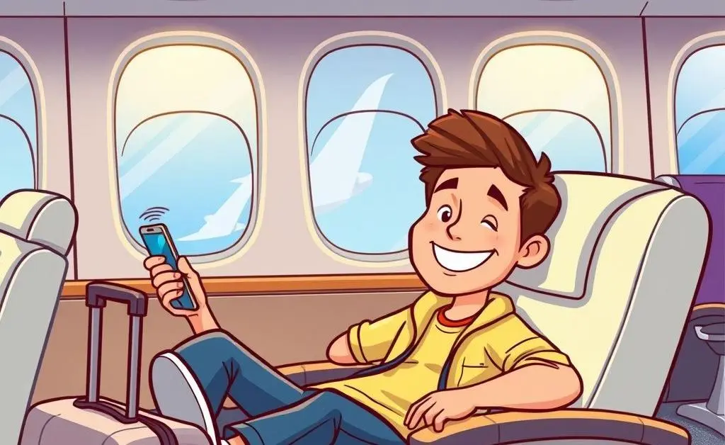 Cartoon-style image of a happy traveler using lounge benefits