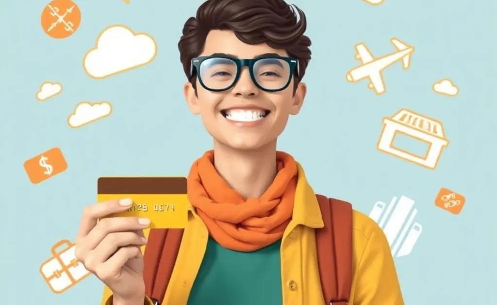 A content traveler holding a credit card, surrounded by travel icons indicating reward redemption.