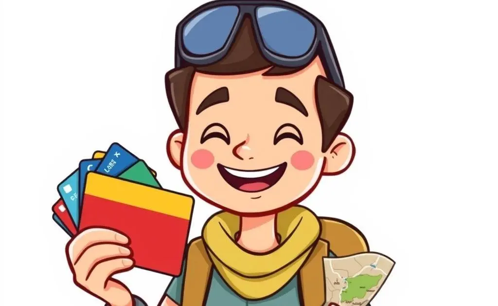 A cartoon image of a traveler looking happy with a stack of credit cards and a map.