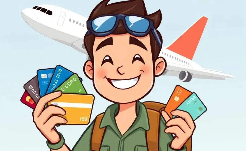 A cartoon image of a happy traveler holding various credit cards with a plane in the background.