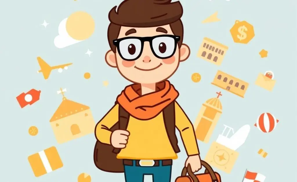 A cartoon-style traveler holding a bag with a dollar sign, surrounded by icons of travel destinations