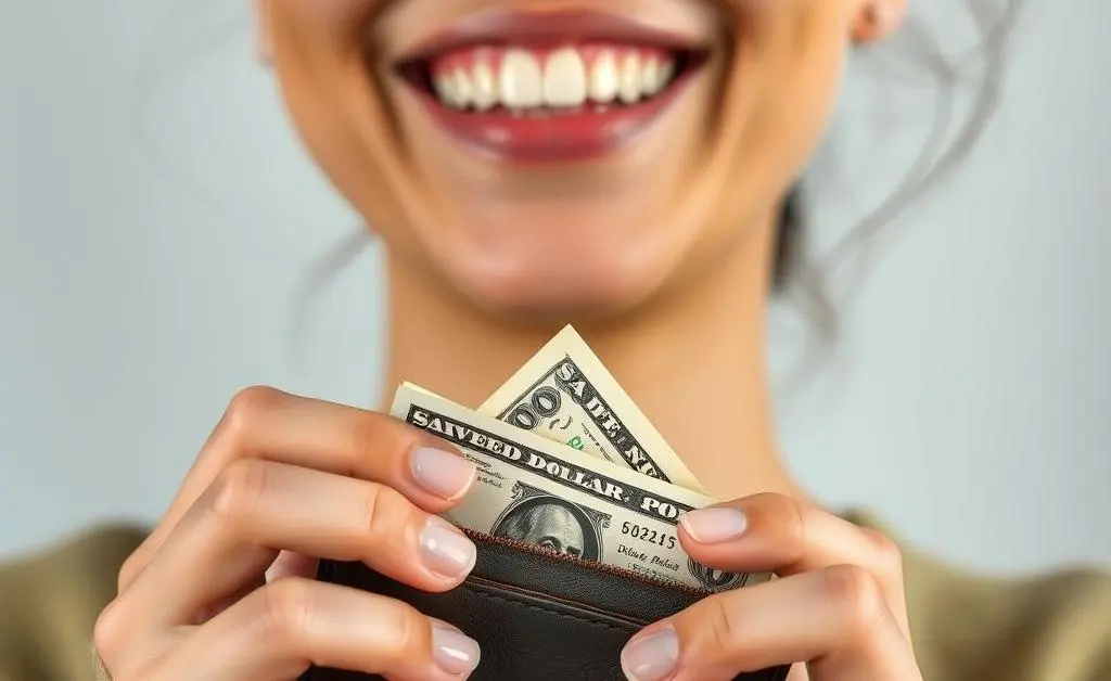 A joyful person with a wallet showing off a saved dollar with a smile.