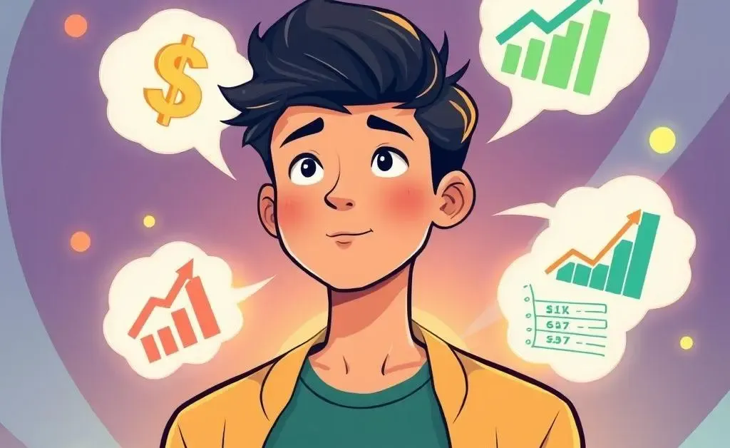 A young adult with diverse financial symbols such as a dollar sign, investment growth arrows, and a credit chart appearing in thought bubbles around them.