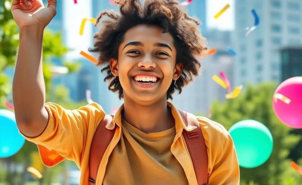 A cheerful young individual celebrating investment growth