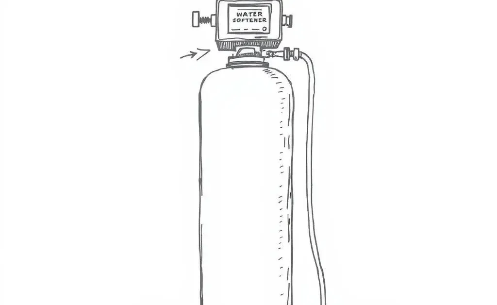 Hand-drawn depiction of water softener device in a home setting.