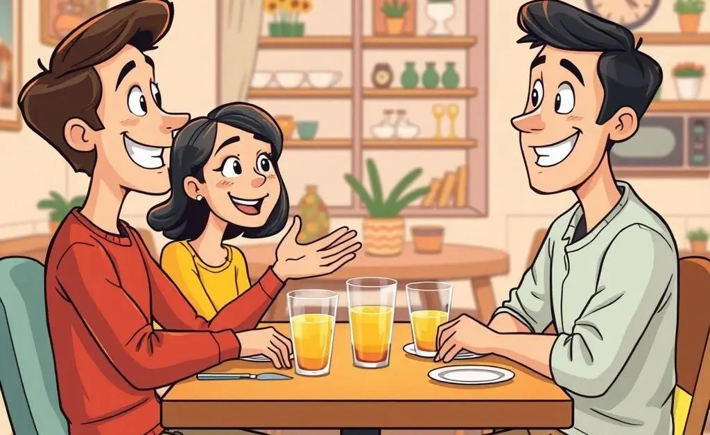 Two people having a friendly, open conversation at a dining table.