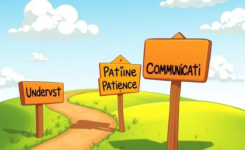 A cartoon-style path with road signs labeled 'Understanding', 'Patience', and 'Communication'