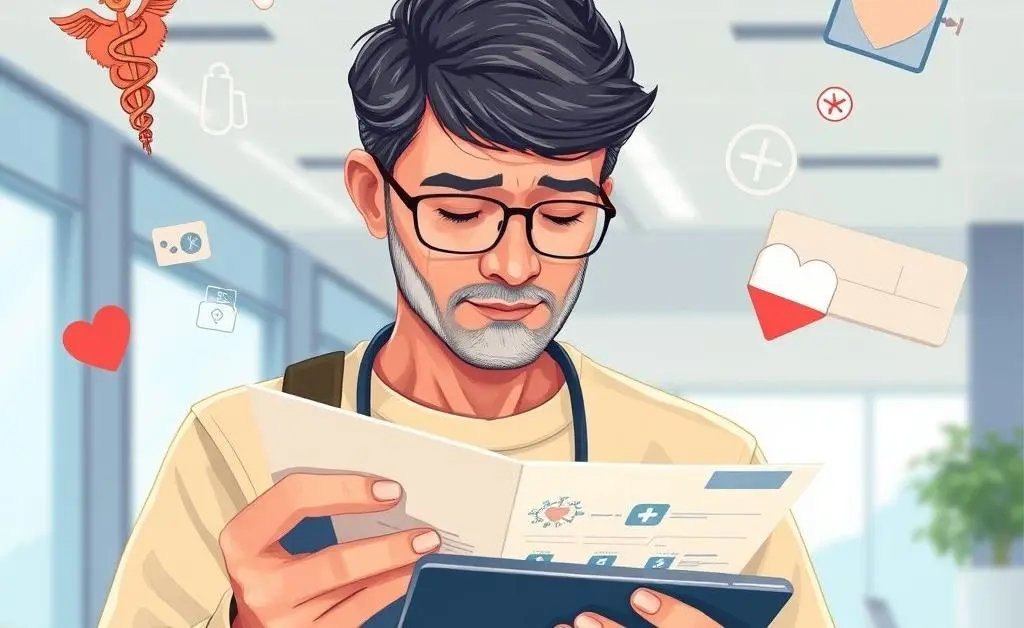 Illustration of a person with health conditions evaluating a travel itinerary, with medical symbols around