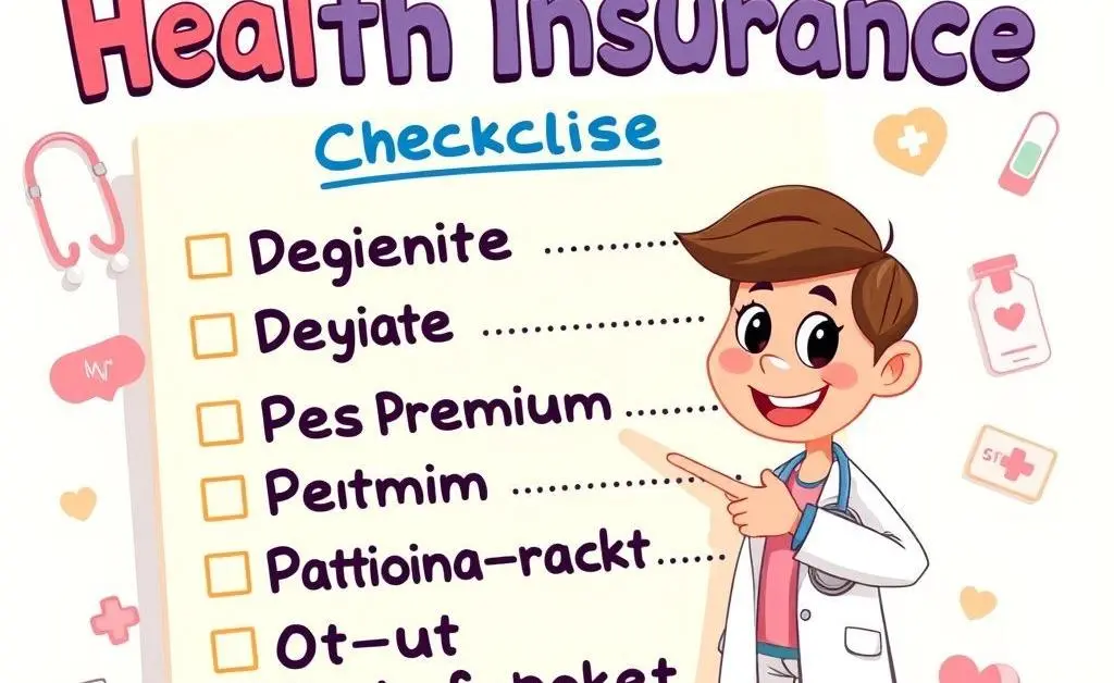 Cartoon-style checklist featuring health insurance terms like deductible, premium, out-of-pocket.