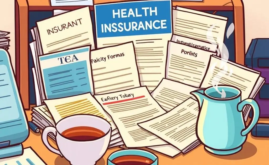 Health insurance documents on a desk with a cup of tea