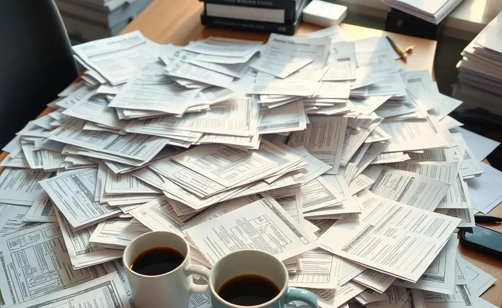 A stack of confusing health insurance documents on a desk with a cup of coffee