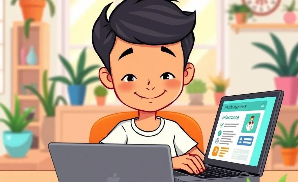 A cartoon person checking health insurance details on a laptop, looking focused yet relaxed.