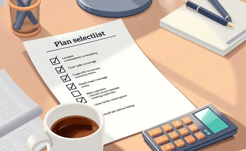 Checklist with health insurance plan options and a calculator
