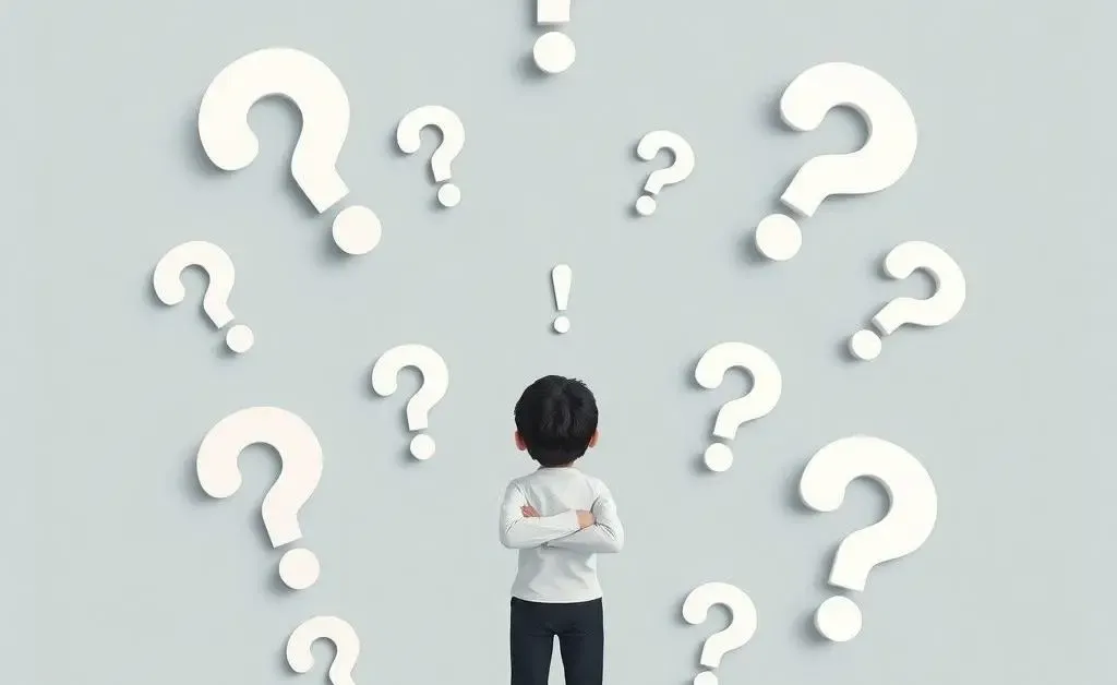 Minimalist scene of a person surrounded by question marks pondering health insurance questions