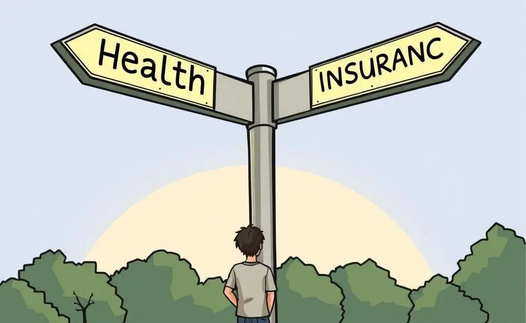 Illustration of a crossroads with signs for 'Health' and 'Insurance'