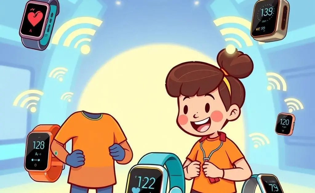 Cartoon-style digital health devices connected wirelessly