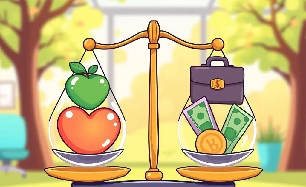 A cartoon showing scales balancing health and wealth symbolism, reflecting career life balance.