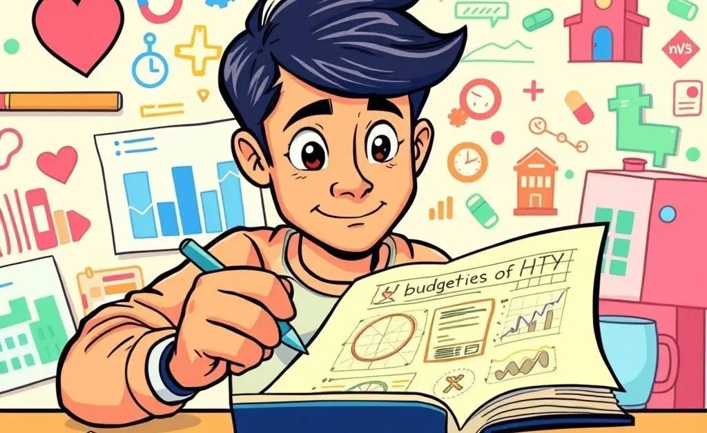 Cartoon-style image of a person sketching a healthcare budget plan in a notebook.