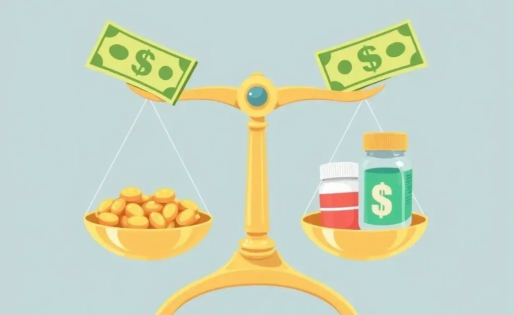 Scale balancing dollar bills and healthcare items like pills