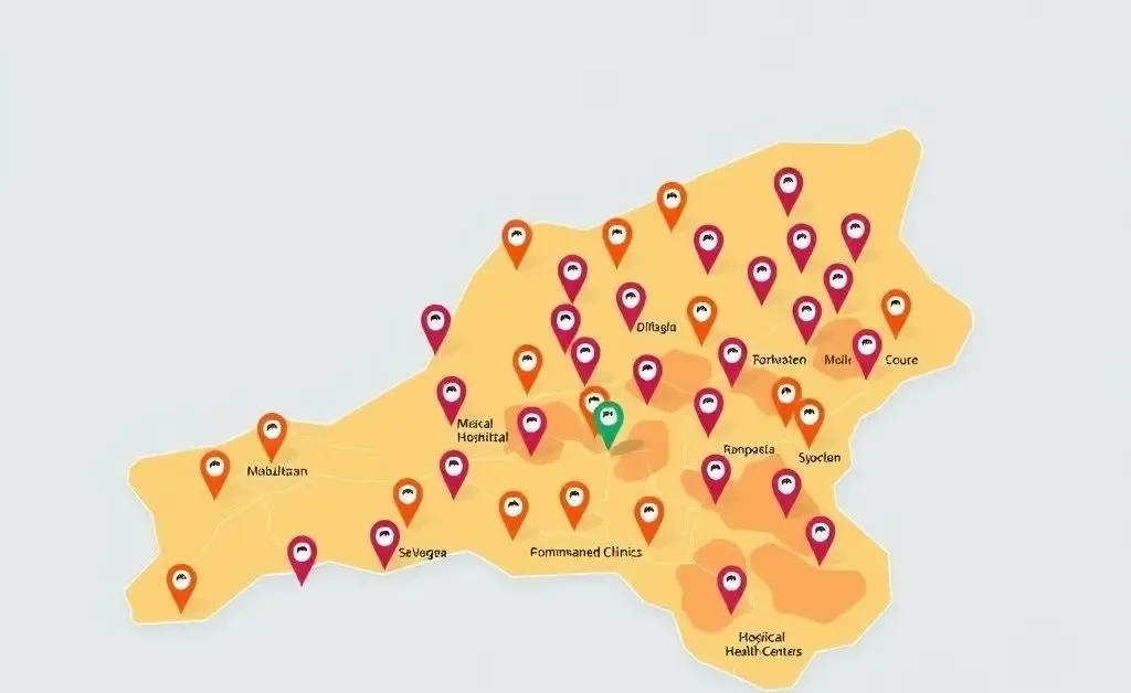 An illustration of a healthcare map with various locations marked showing coverage discrepancies