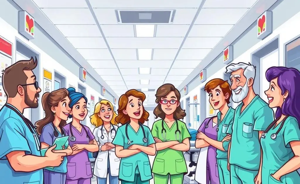 Cartoon of healthcare workers discussing in a hospital hallway